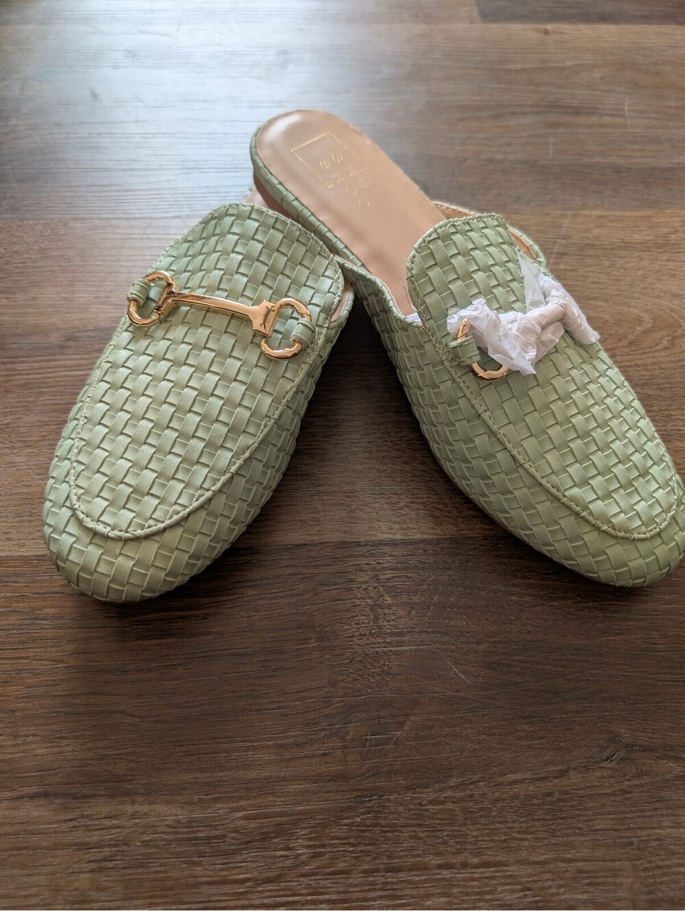 Sage Green Woven Mules Gold Hardware Size 7.5